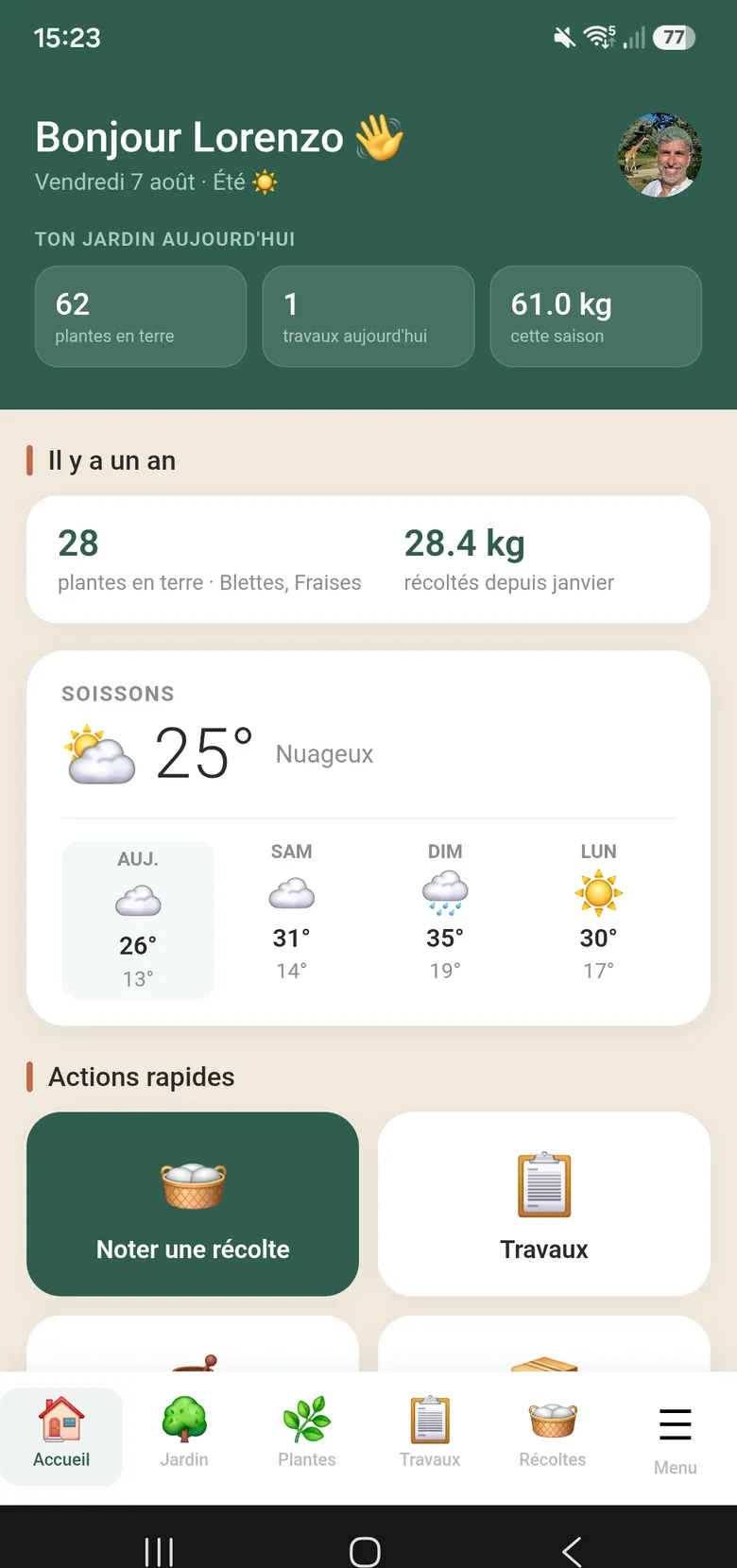 Écran d'accueil de l'application : 62 plantes en terre, 61 kg récoltés cette saison, la météo du jour et les actions rapides.