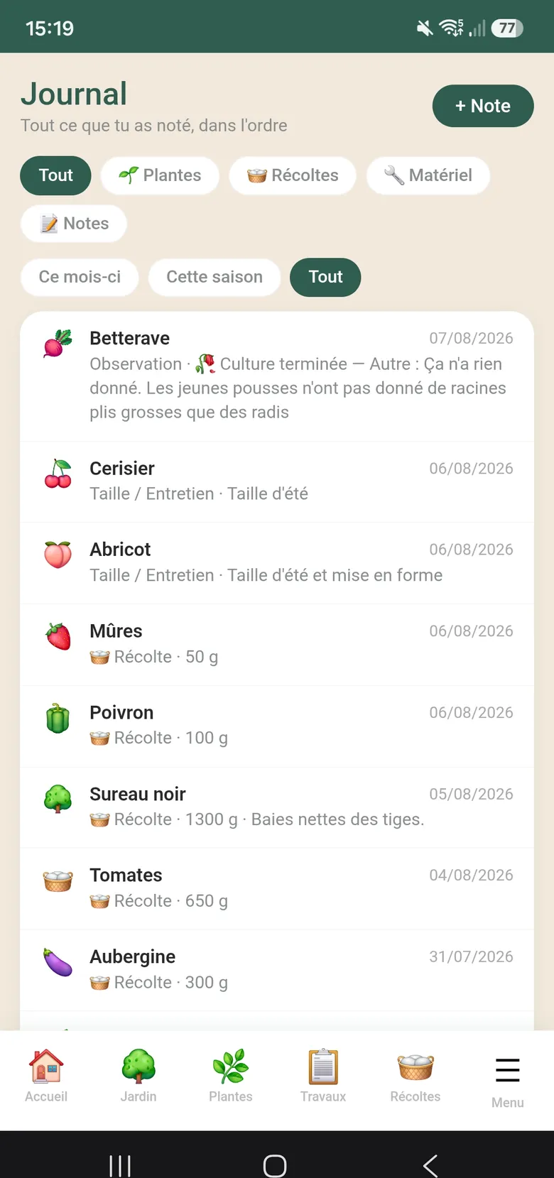 Journal de culture : récoltes pesées, tailles d'été et observations, classées par date.