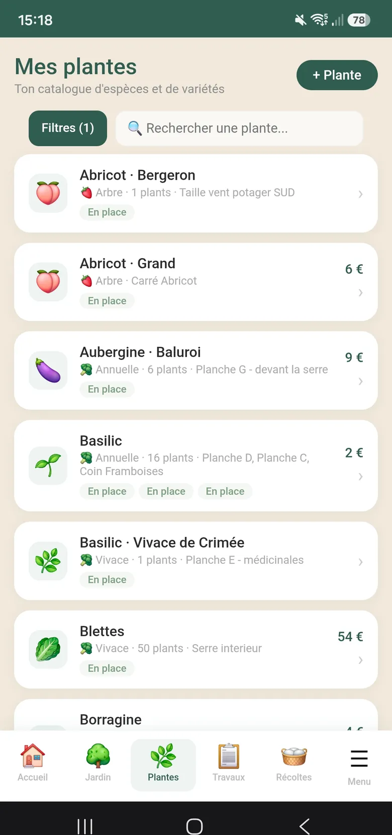 Liste des plantes : abricotiers, aubergines, basilic, blettes, chacun avec son emplacement et son coût.
